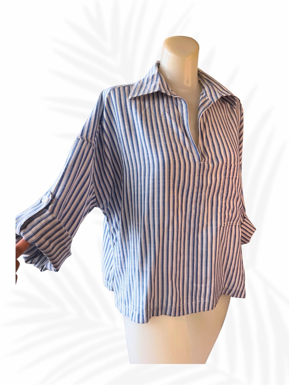 Max Studio Striped Blouse NWT Blue White Button Sleeve Top Size Medium